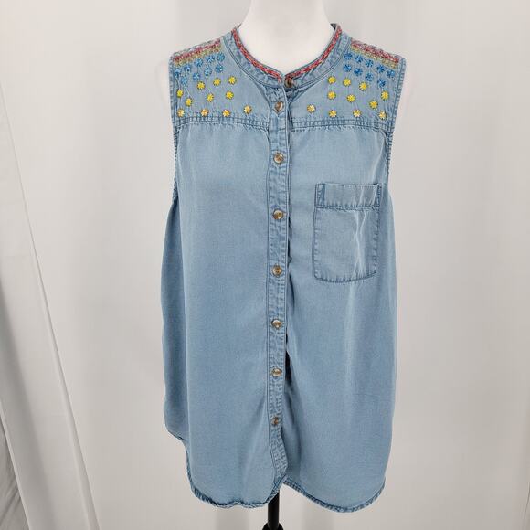 Maeve by Anthropologie Top Womens 12 Sleeveless Embroidered Button Up Tunic - Picture 3 of 11